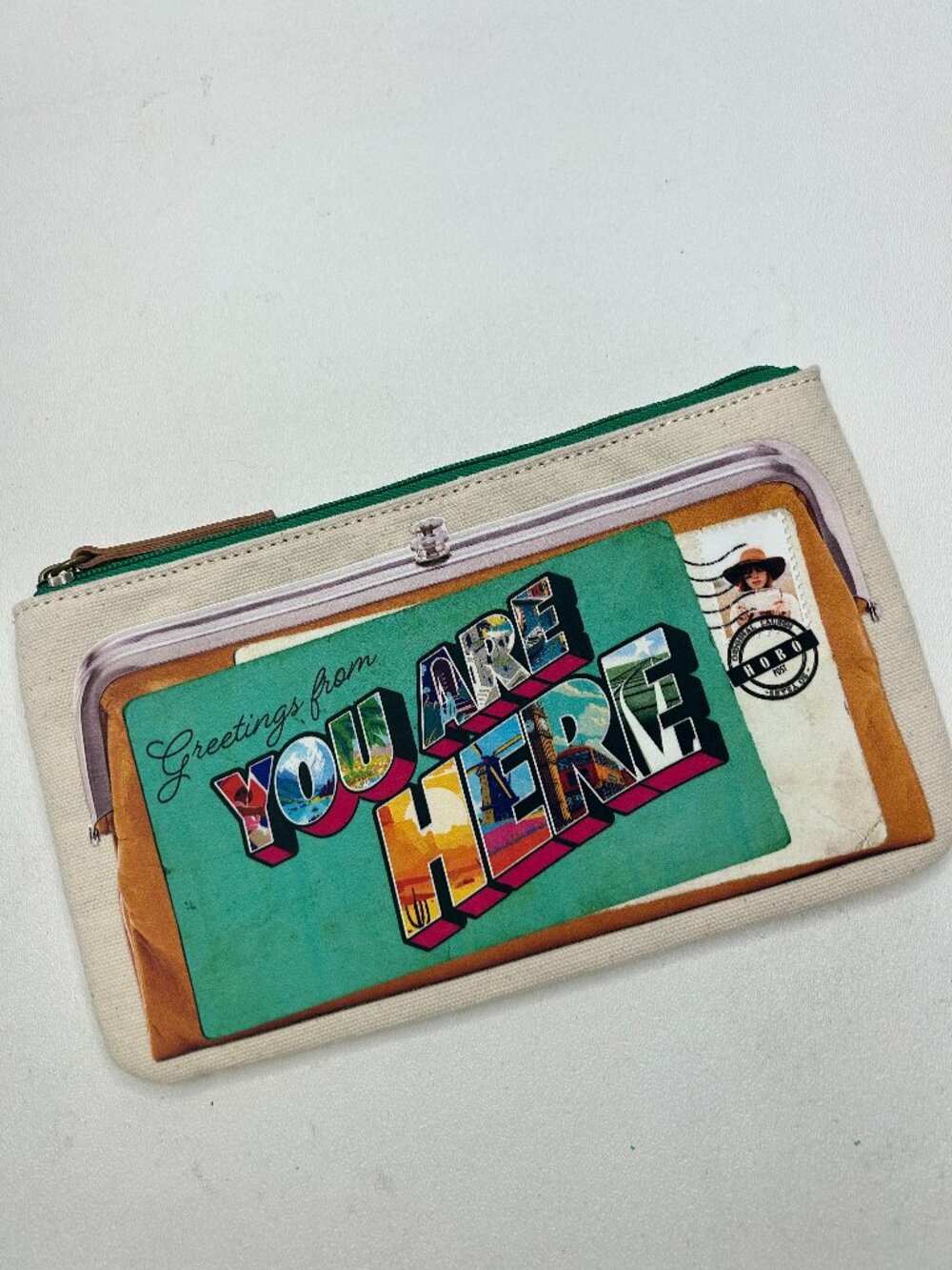 HOBO IN'TN Canvas "be where your feet are" Travel Postcard Themed Pouch 9" x 5"